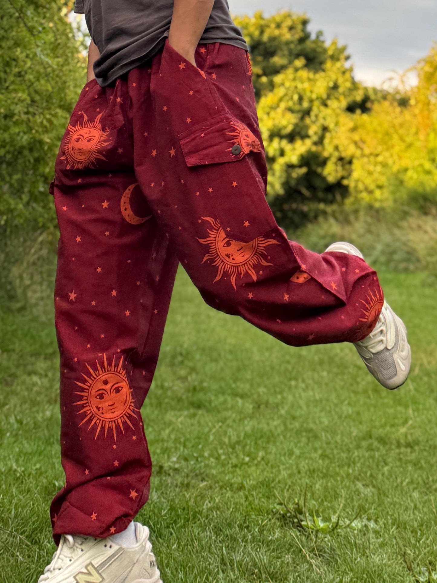 Sun & Moon Print Hippie Pants: Unisex Cotton Festival Trousers