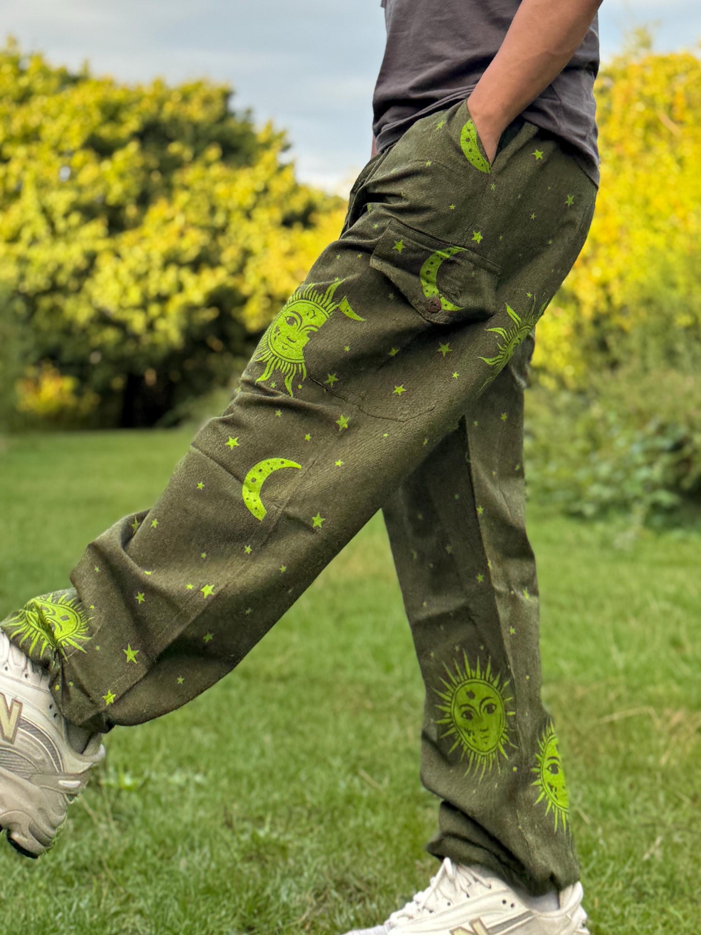 Sun & Moon Print Hippie Pants: Unisex Cotton Festival Trousers