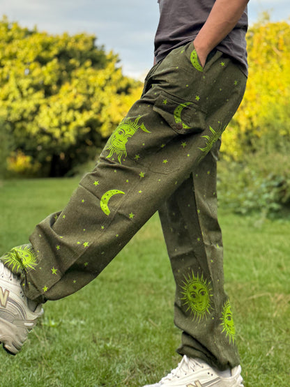 Sun & Moon Print Hippie Pants: Unisex Cotton Festival Trousers
