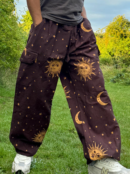 Sun & Moon Print Hippie Pants: Unisex Cotton Festival Trousers