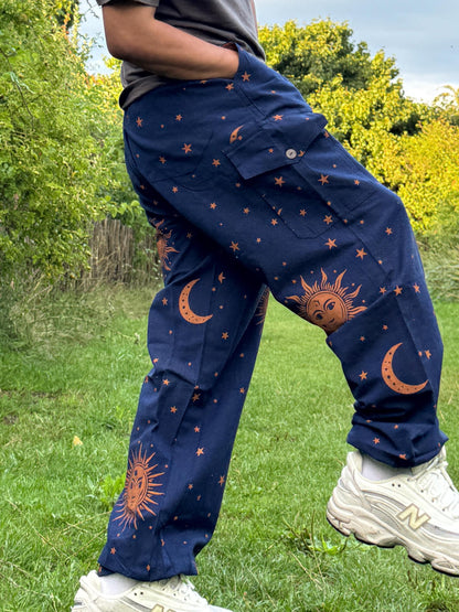 Sun & Moon Print Hippie Pants: Unisex Cotton Festival Trousers