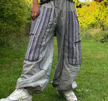 Handwoven Patchwork Cargo Pants, Boho Cotton Trousers, Unisex Festival Wide Leg
