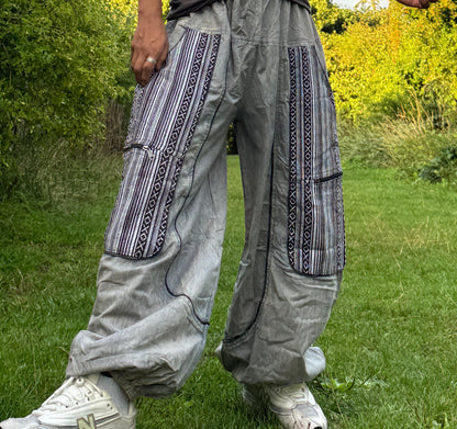 Purple Patchwork Cargo Pants, Boho Festival Trousers, Unisex Cotton Bohemian Style