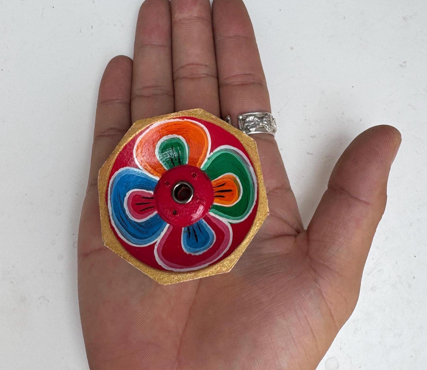 Hand Painted Wooden Incense Holder, Floral Boho Meditation Yoga Decor