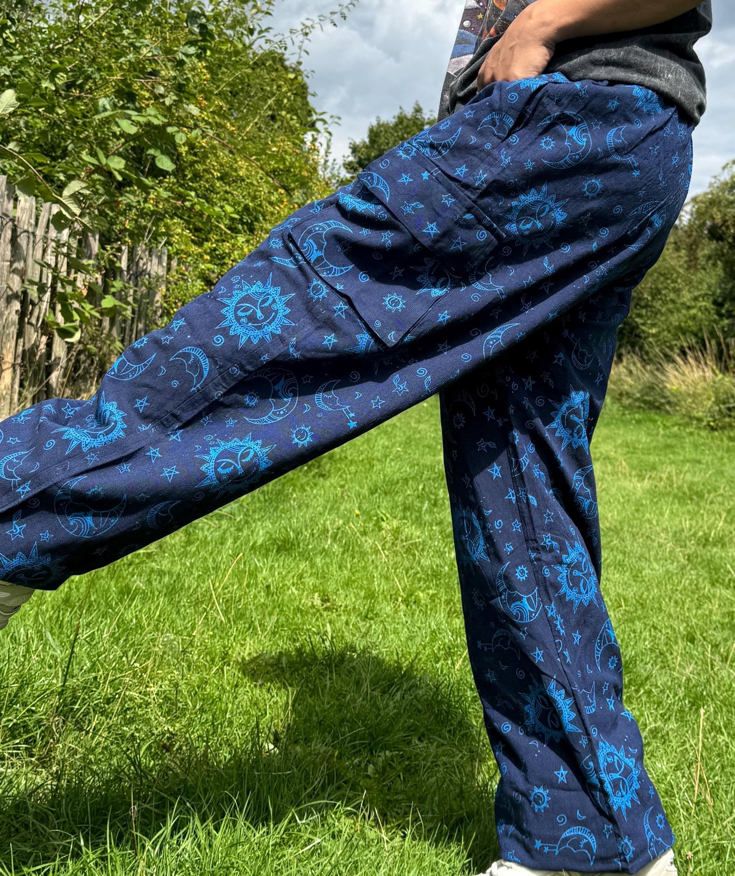 Unisex Sun & Moon Print Hippie Pants: Eco-Friendly Cotton Festival Trousers