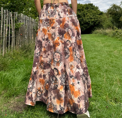 Hippie Boho Tie-Dye Maxi Skirt with Celestial Sun & Moon Print – Handmade Stone-Washed Festival Skirt