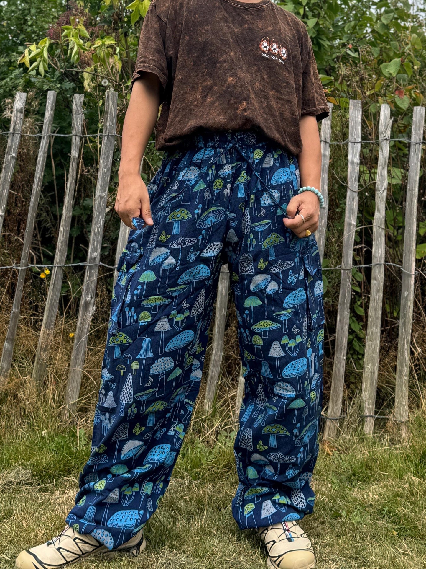 Mushroom Print Cotton Hippie Pants: Unisex Festival Yoga Trousers