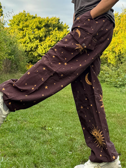 Sun & Moon Print Hippie Pants: Unisex Cotton Festival Trousers