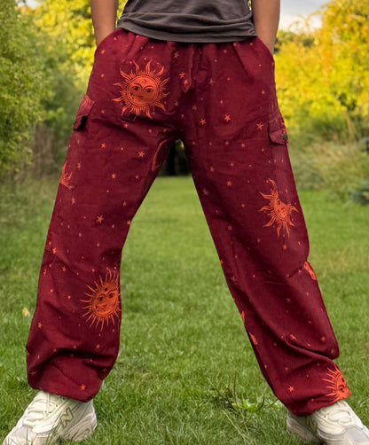 Sun & Moon Print Hippie Pants: Unisex Cotton Festival Trousers