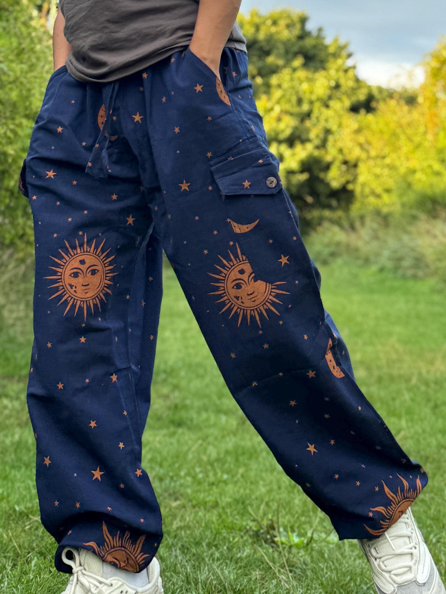 Sun & Moon Print Hippie Pants: Unisex Cotton Festival Trousers