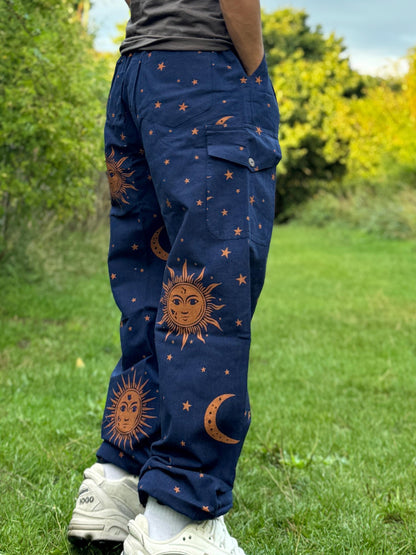 Sun & Moon Print Hippie Pants: Unisex Cotton Festival Trousers
