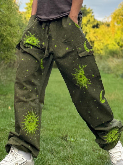 Sun & Moon Print Hippie Pants: Unisex Cotton Festival Trousers