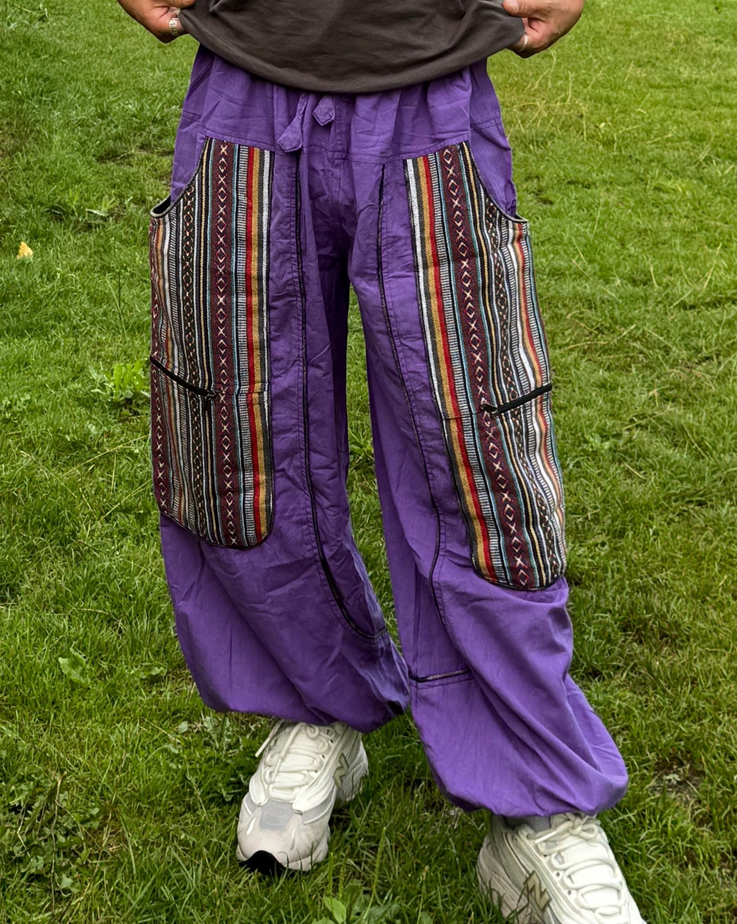 Handwoven Patchwork Cargo Pants, Boho Cotton Trousers, Unisex Festival Wide Leg