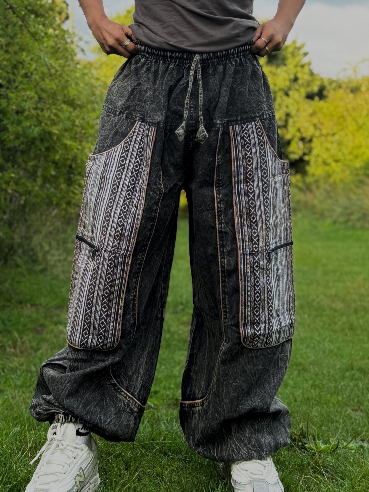 Handwoven Patchwork Cargo Pants, Boho Cotton Trousers, Unisex Festival Wide Leg