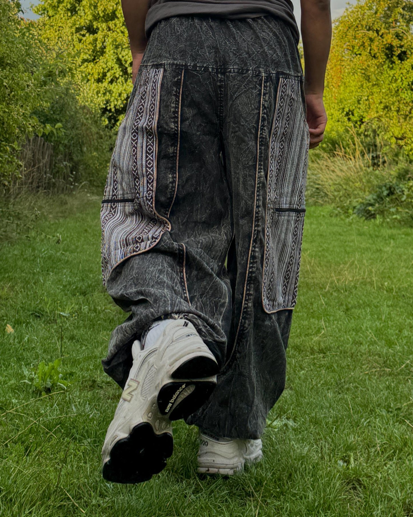 Handwoven Patchwork Cargo Pants, Boho Cotton Trousers, Unisex Festival Wide Leg