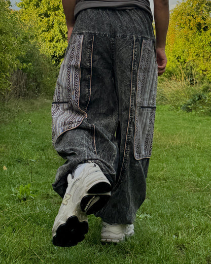 Handwoven Patchwork Cargo Pants, Boho Cotton Trousers, Unisex Festival Wide Leg
