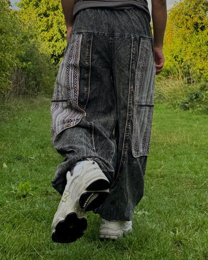 Purple Patchwork Cargo Pants, Boho Festival Trousers, Unisex Cotton Bohemian Style