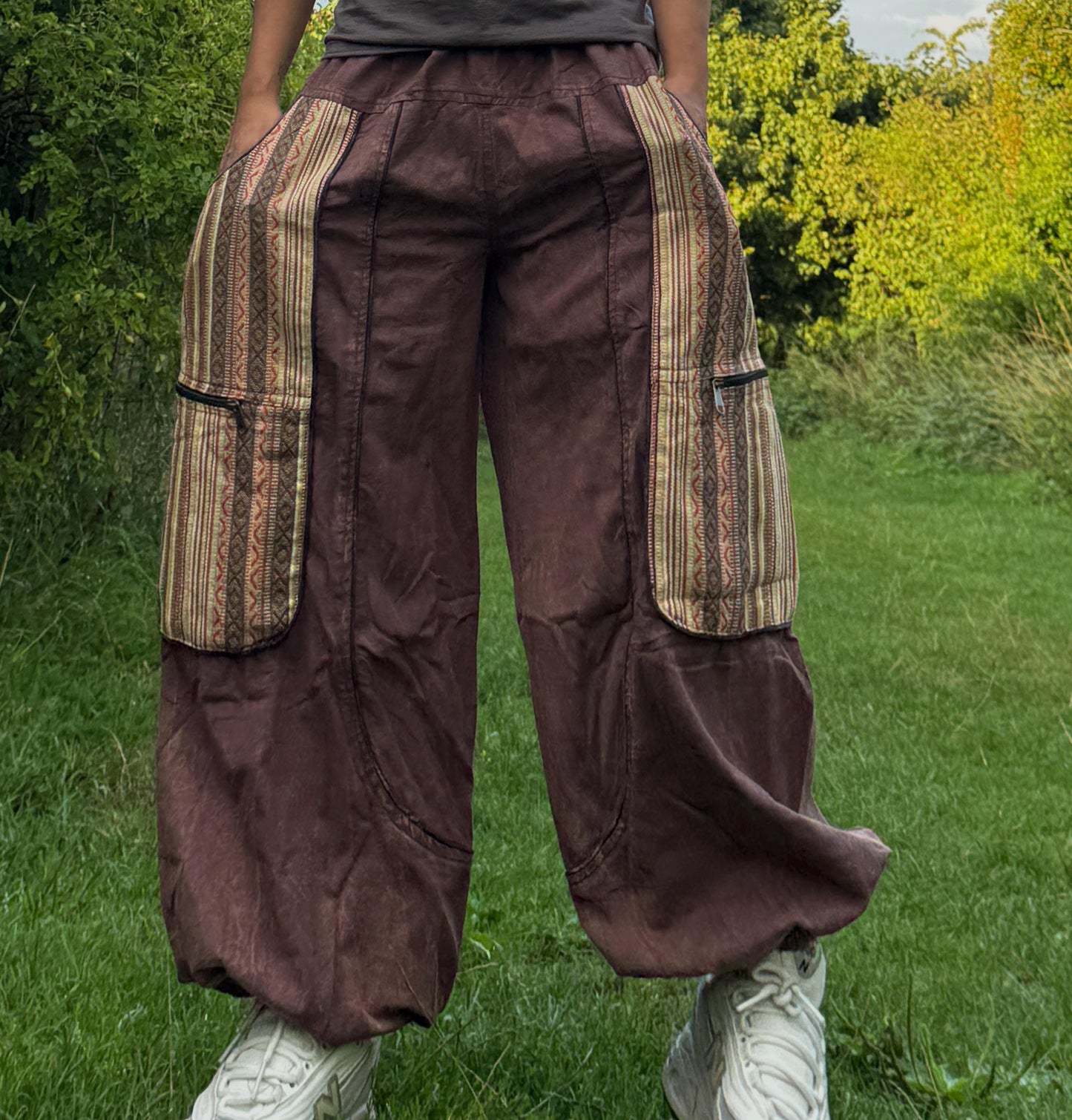 Handwoven Patchwork Cargo Pants, Boho Cotton Trousers, Unisex Festival Wide Leg