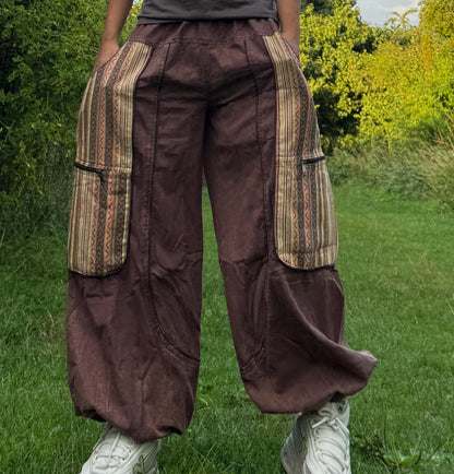 Handwoven Patchwork Cargo Pants, Boho Cotton Trousers, Unisex Festival Wide Leg