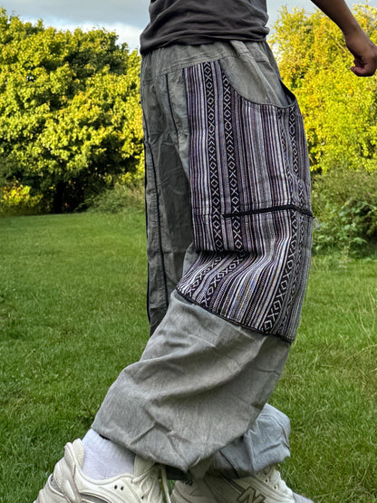 Handwoven Patchwork Cargo Pants, Boho Cotton Trousers, Unisex Festival Wide Leg