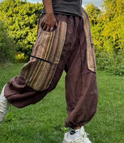 Purple Patchwork Cargo Pants, Boho Festival Trousers, Unisex Cotton Bohemian Style