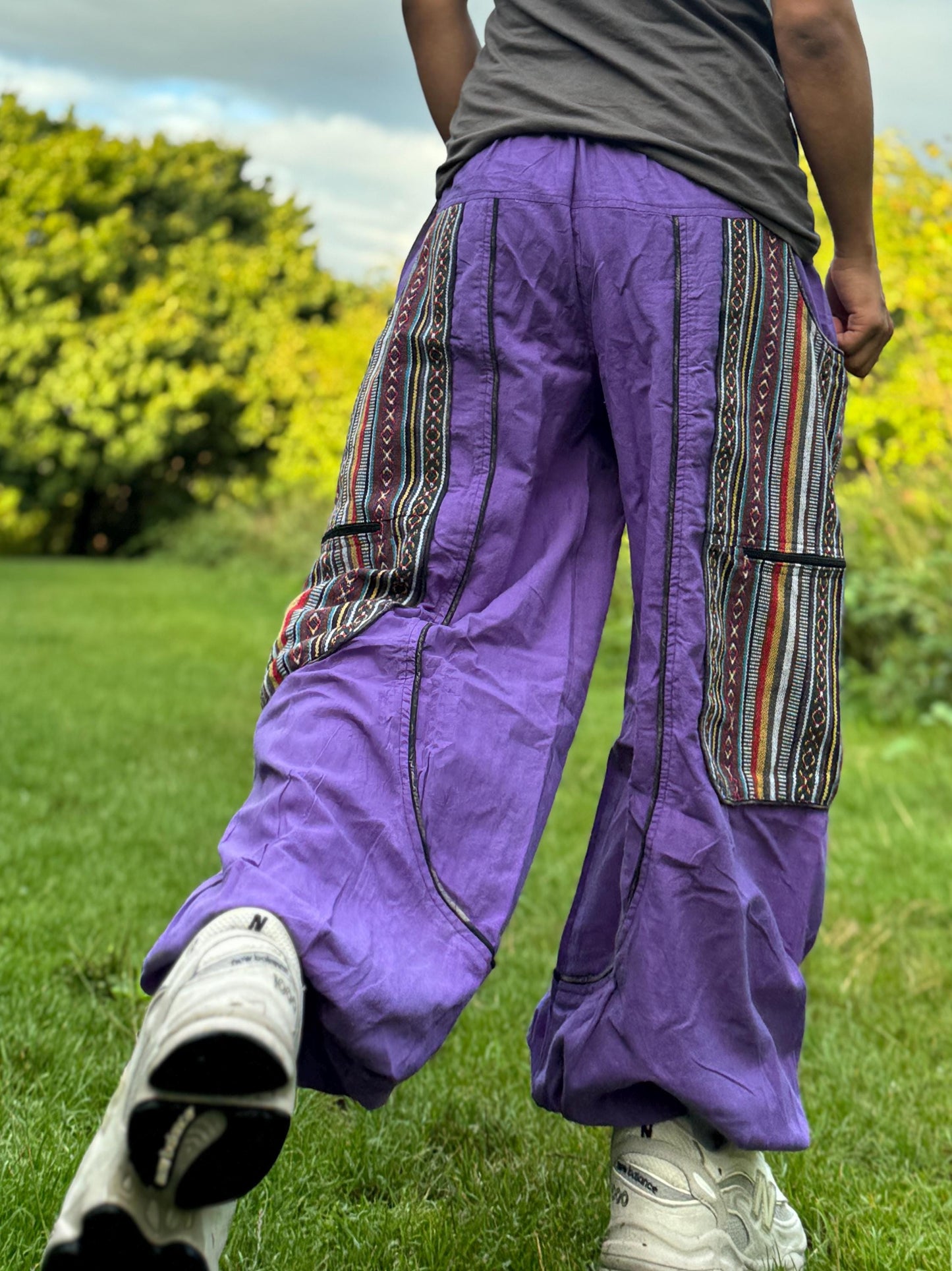 Handwoven Patchwork Cargo Pants, Boho Cotton Trousers, Unisex Festival Wide Leg