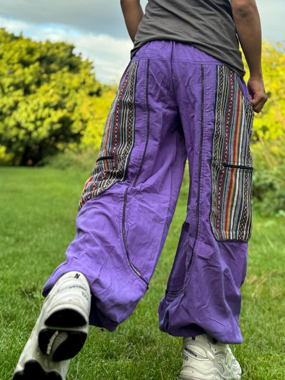Handwoven Patchwork Cargo Pants, Boho Cotton Trousers, Unisex Festival Wide Leg