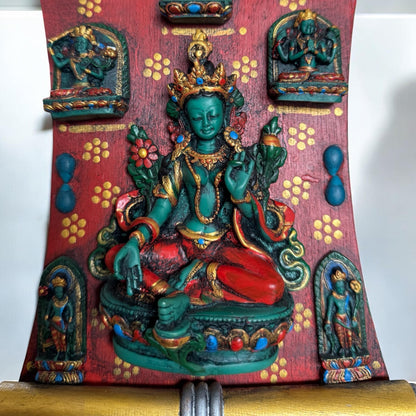 Green Tara Sculpture: Handmade Resin & Wood Buddhist Altar Decor