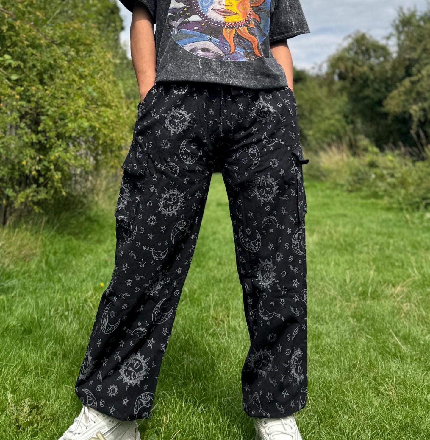 Unisex Sun & Moon Print Cotton Hippie Pants - Festival Joggers
