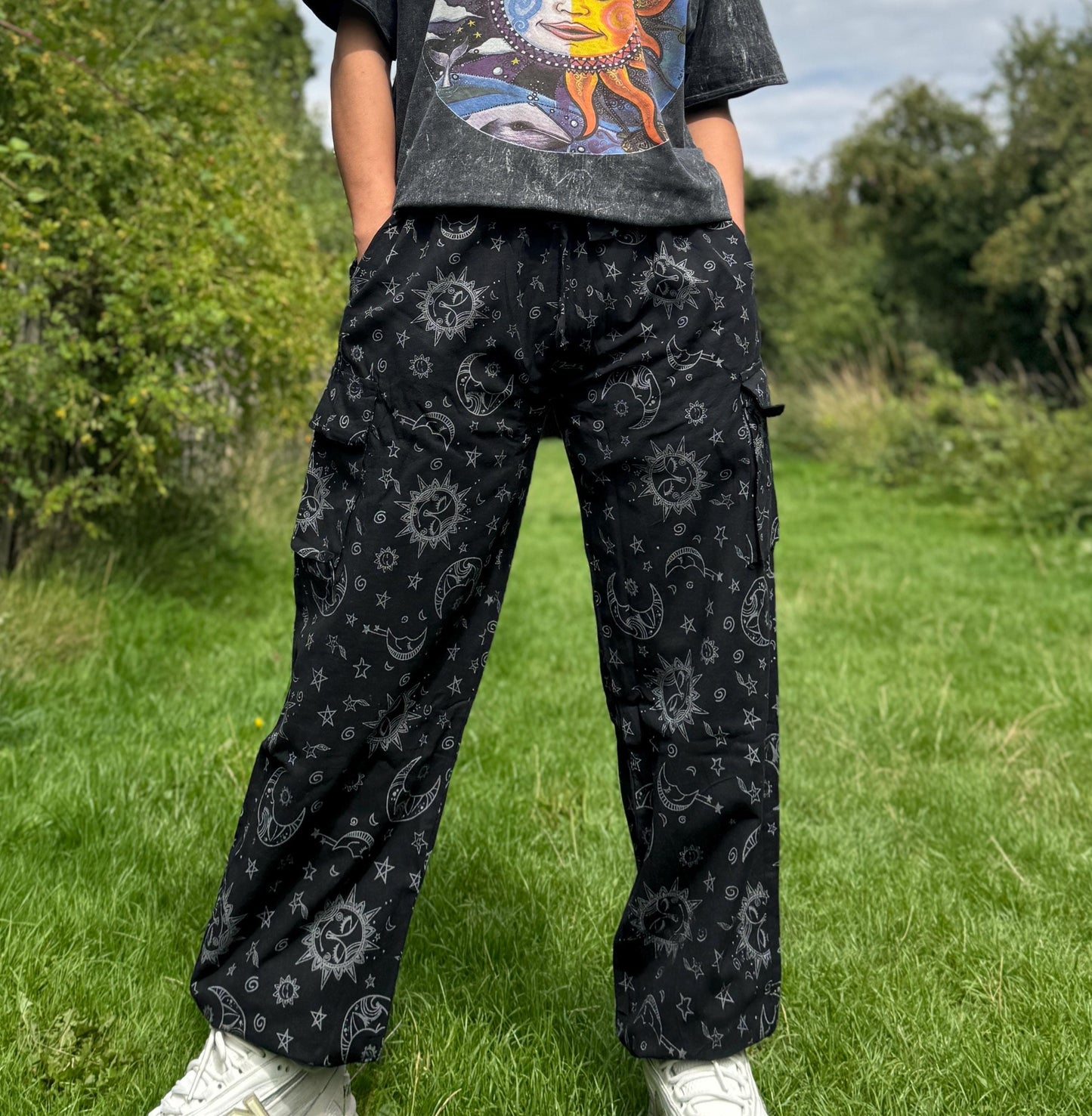 Unisex Sun & Moon Print Cotton Hippie Pants: Festival Yoga Trousers