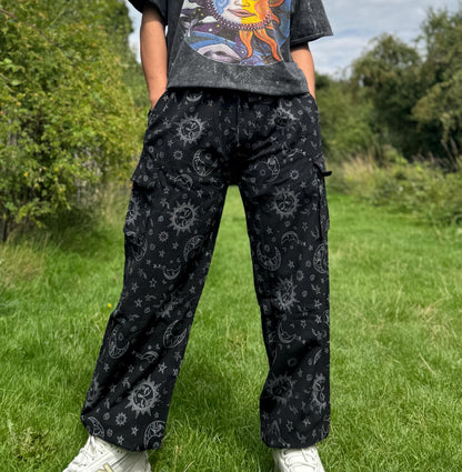 Unisex Sun & Moon Print Cotton Hippie Pants: Festival Yoga Trousers
