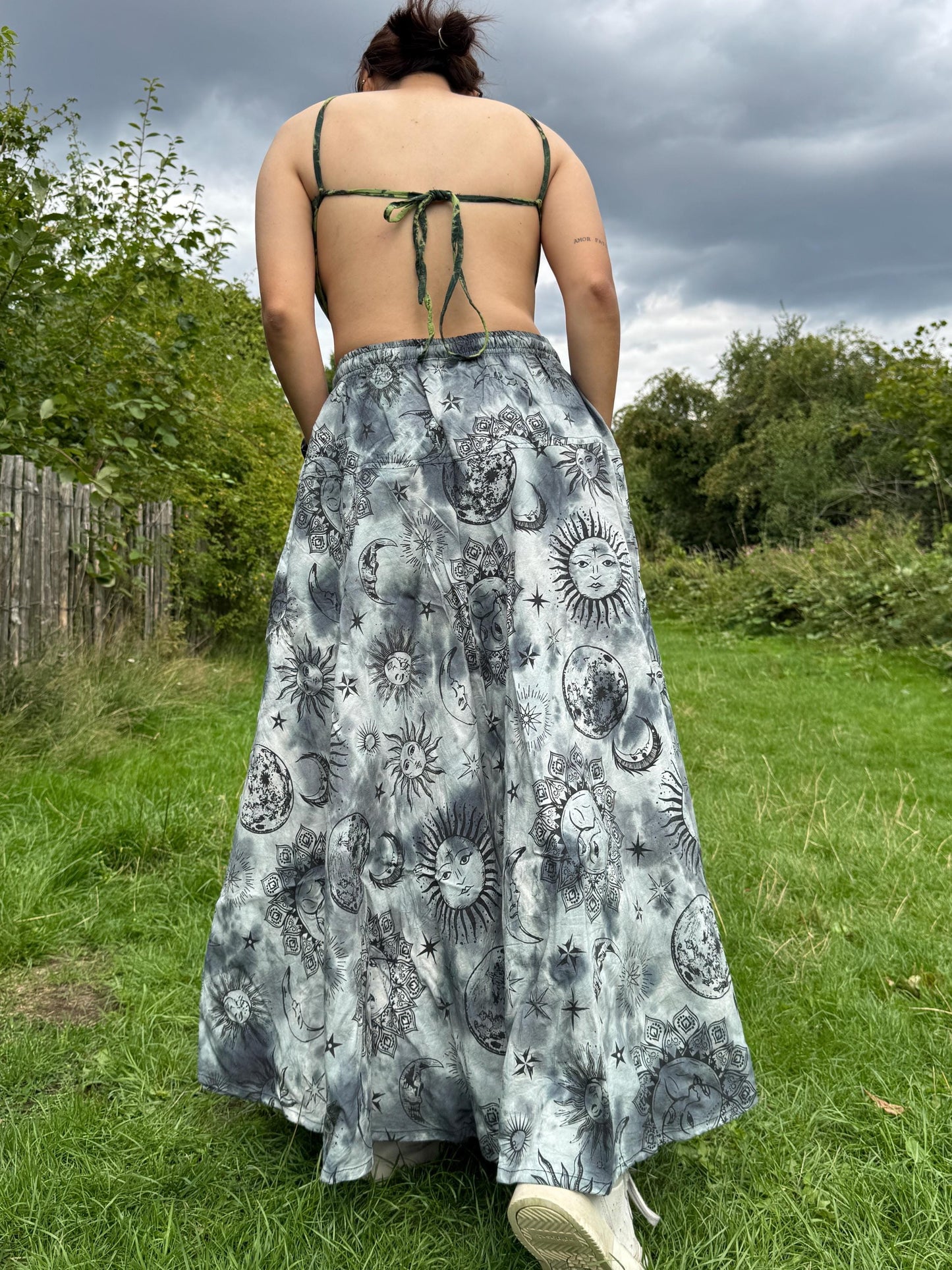 Hippie Boho Tie-Dye Maxi Skirt with Celestial Sun & Moon Print – Handmade Stone-Washed Festival Skirt
