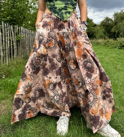 Hippie Boho Tie-Dye Maxi Skirt with Celestial Sun & Moon Print – Handmade Stone-Washed Festival Skirt
