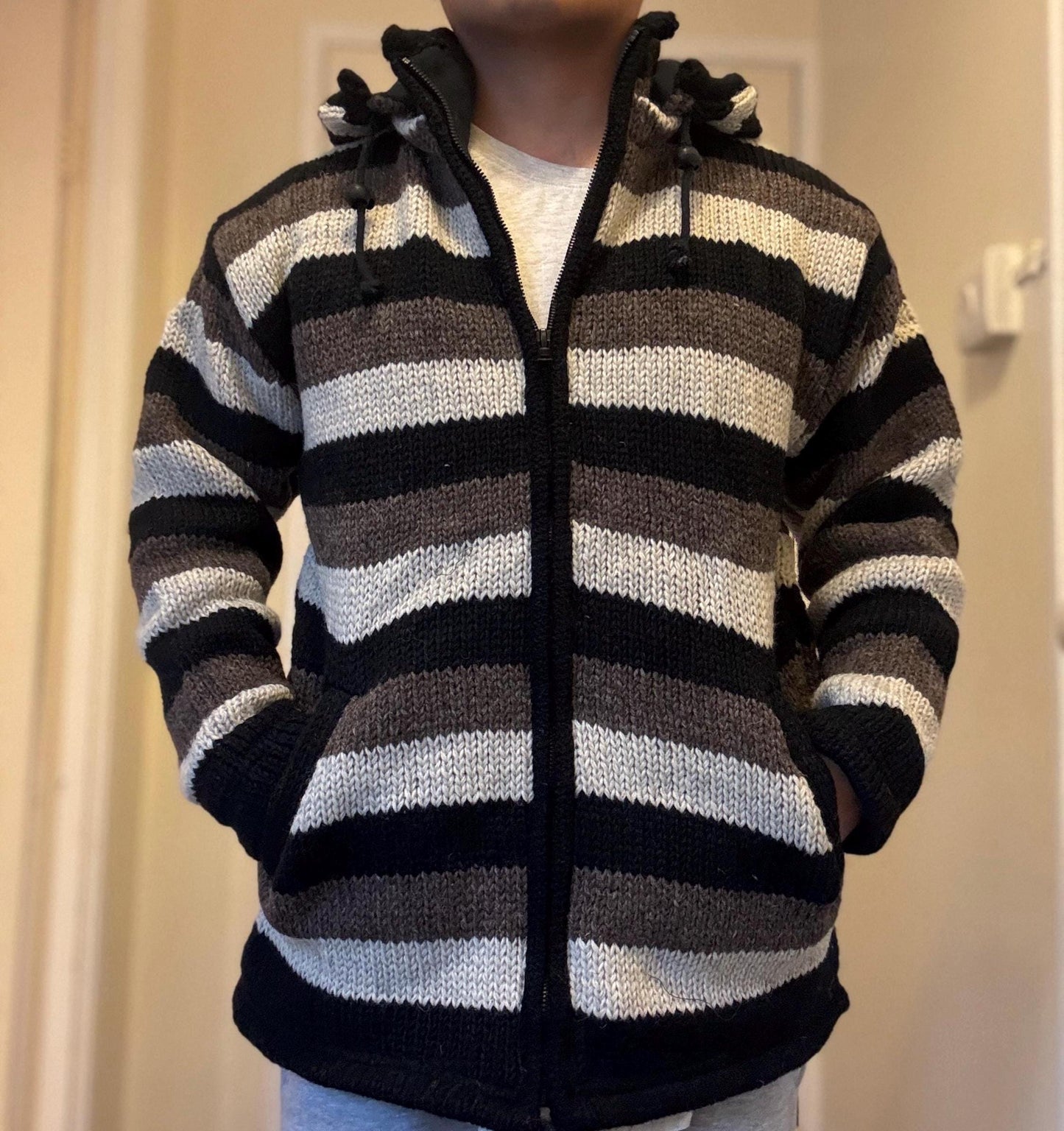 Handmade Wool Fleece Lined Hoodie: Nepali Knitted Winter Jacket