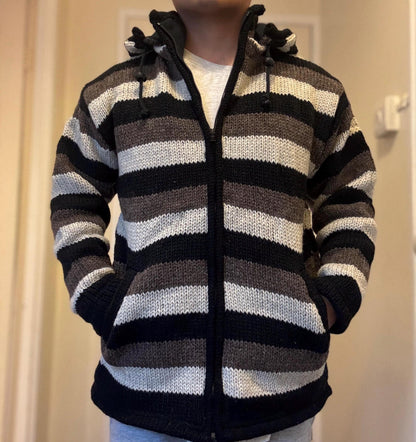 Handmade Wool Fleece Lined Hoodie: Nepali Knitted Winter Jacket