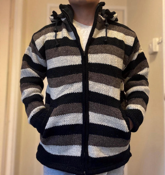 Handmade Wool Fleece Lined Hoodie: Nepali Knitted Winter Jacket