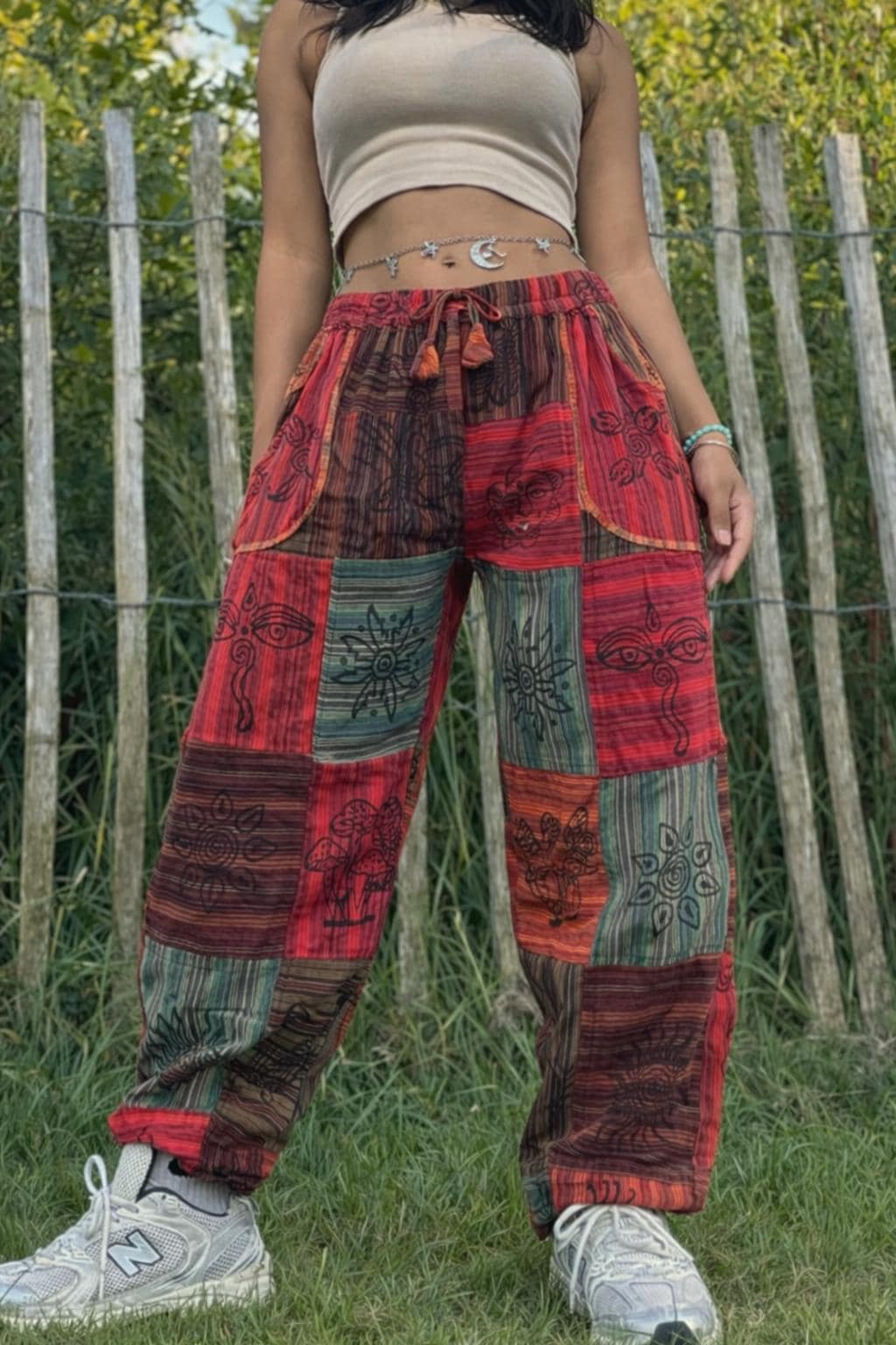 Boho Patchwork Trousers – Multicolour Festival Pants | Unisex Free Size | Handmade Hippie Pants from Nepal