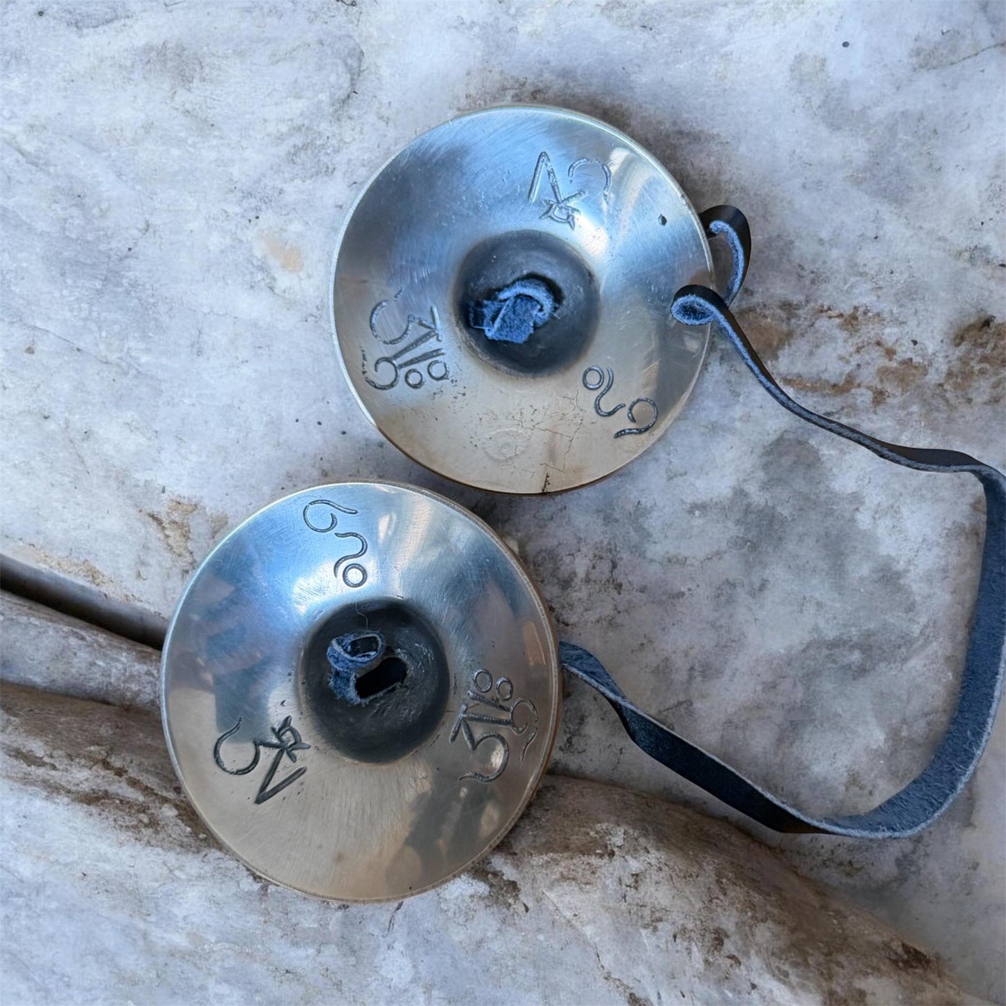 Vintage Tibetan Tingsha Cymbals with Symbols - 7 cm Diameter