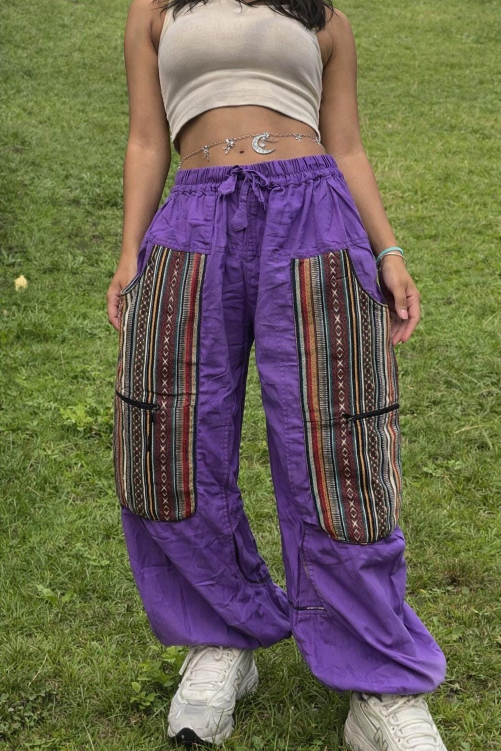 Handwoven Patchwork Cargo Pants, Boho Cotton Trousers, Unisex Festival Wide Leg