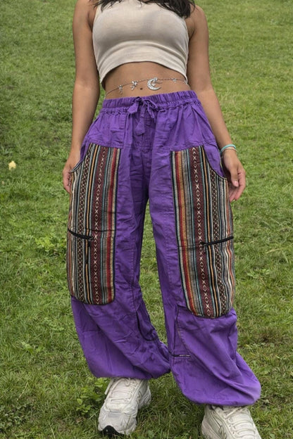 Handwoven Patchwork Cargo Pants, Boho Cotton Trousers, Unisex Festival Wide Leg