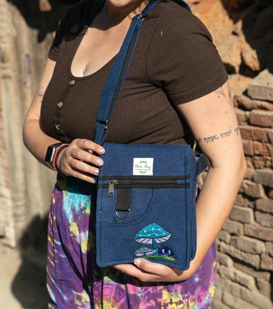 Embroidered Mushroom Cotton Crossbody Bag, Boho Hippie Satchel, Small Shoulder Bag