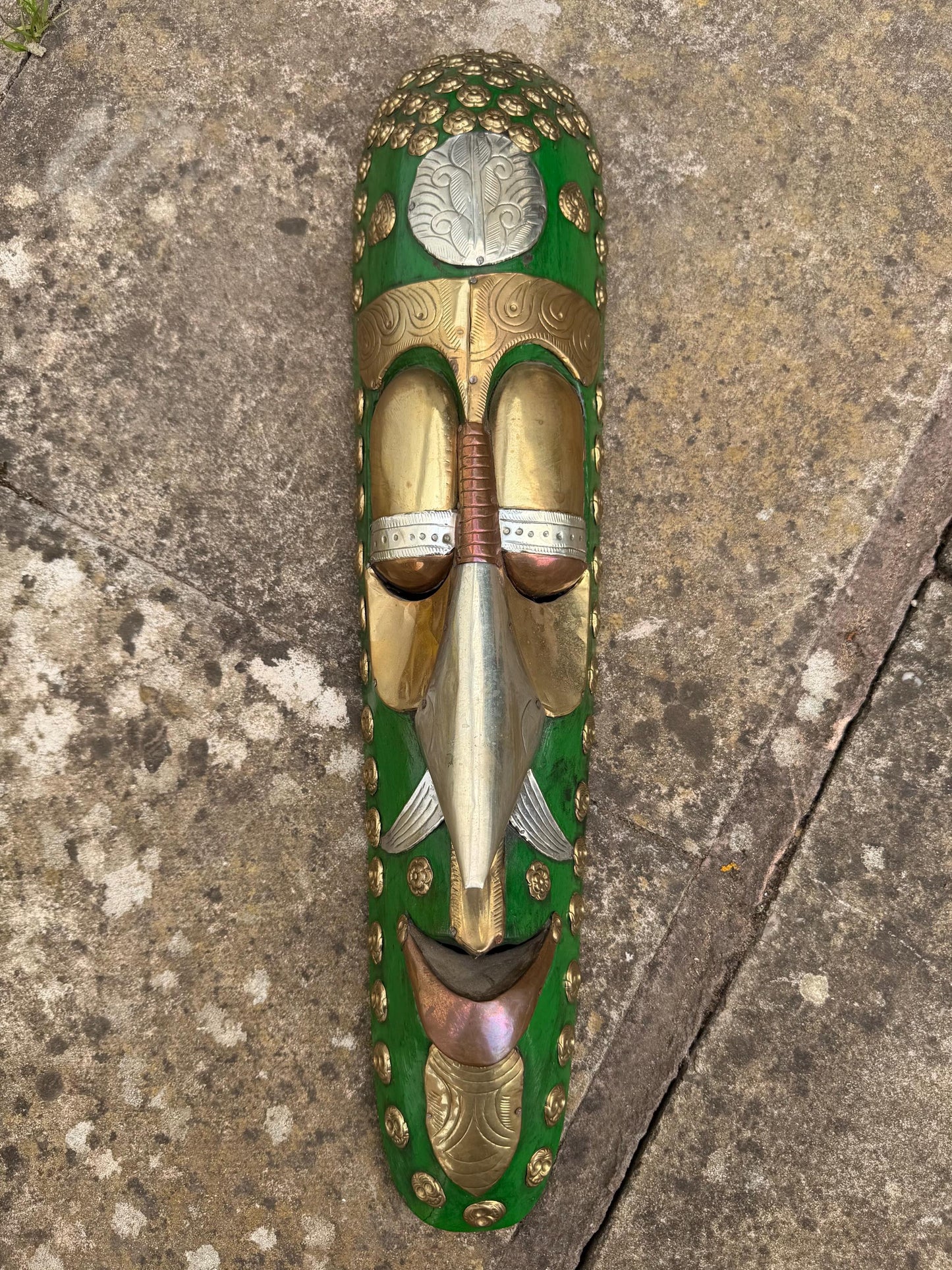 Handcrafted Brass and Wood Tribal Mask – African Art Wall Hanging