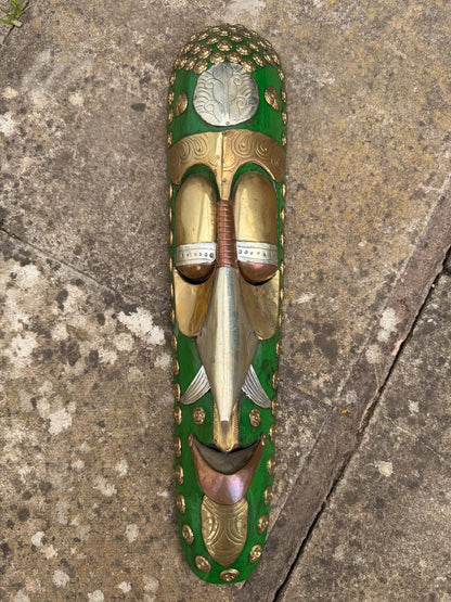 Handcrafted Brass and Wood Tribal Mask – African Art Wall Hanging