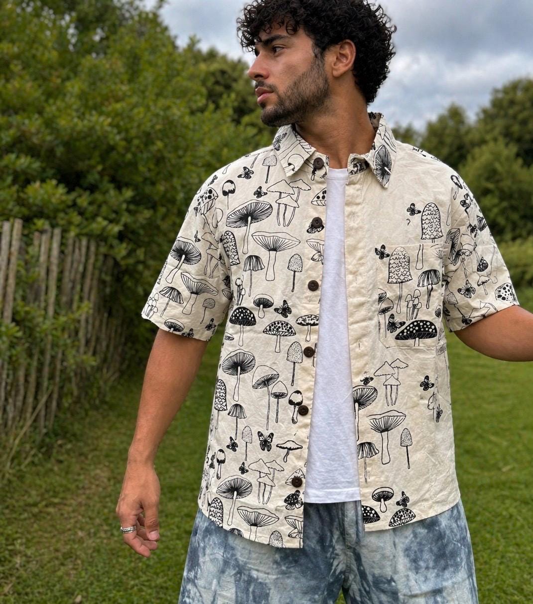 Handmade Mushroom Print Cotton Shirt: Hippie Unisex Button-Up, Coconut Buttons