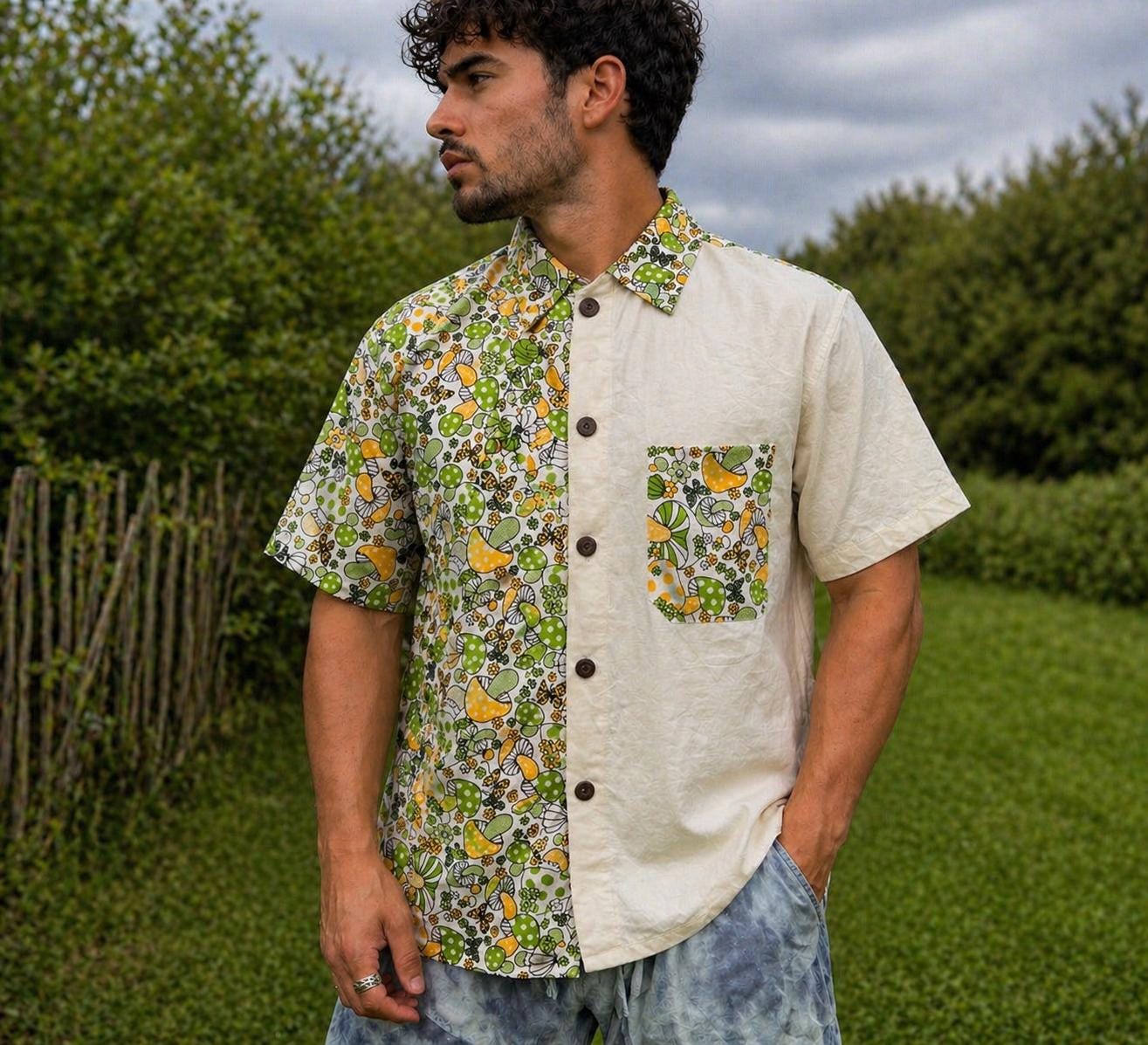 Handmade Mushroom Print Cotton Shirt: Hippie Unisex Button-Up, Coconut Buttons