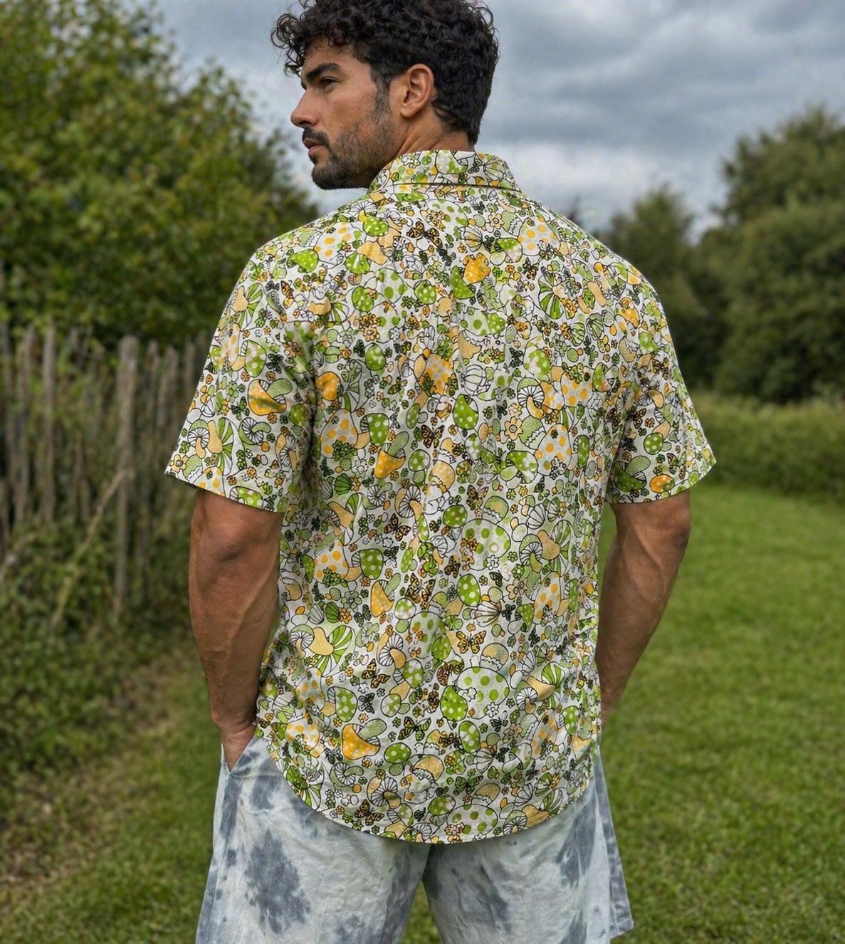 Handmade Mushroom Print Cotton Shirt: Hippie Unisex Button-Up, Coconut Buttons