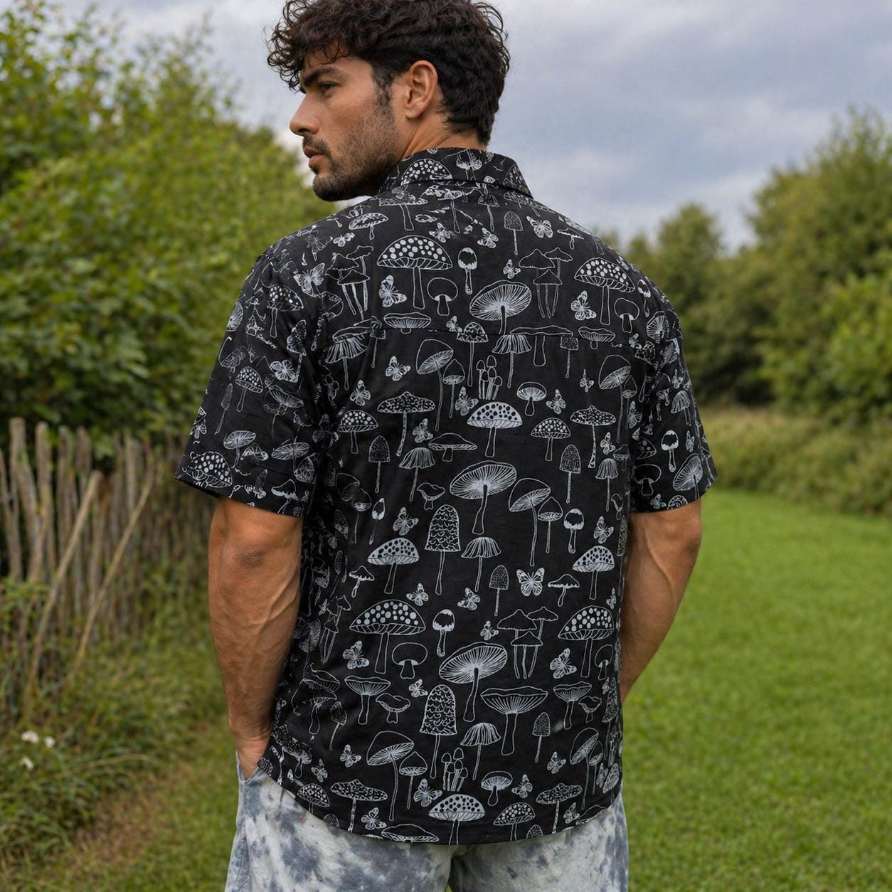 Handmade Mushroom Print Cotton Shirt: Hippie Unisex Button-Up, Coconut Buttons