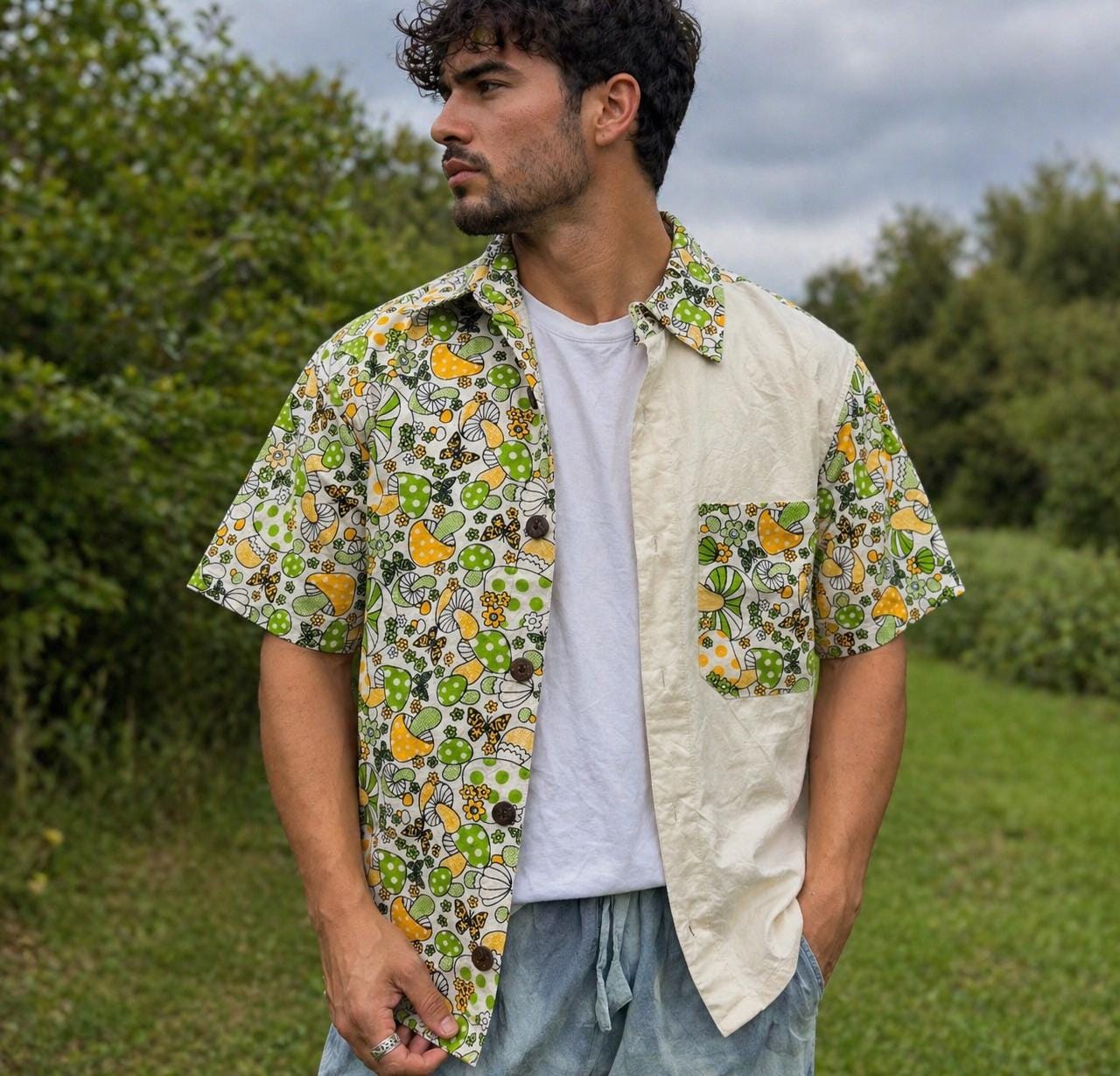 Handmade Mushroom Print Cotton Shirt: Hippie Unisex Button-Up, Coconut Buttons