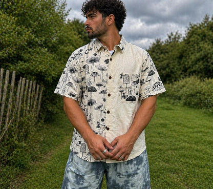 Handmade Mushroom Print Cotton Shirt: Hippie Unisex Button-Up, Coconut Buttons