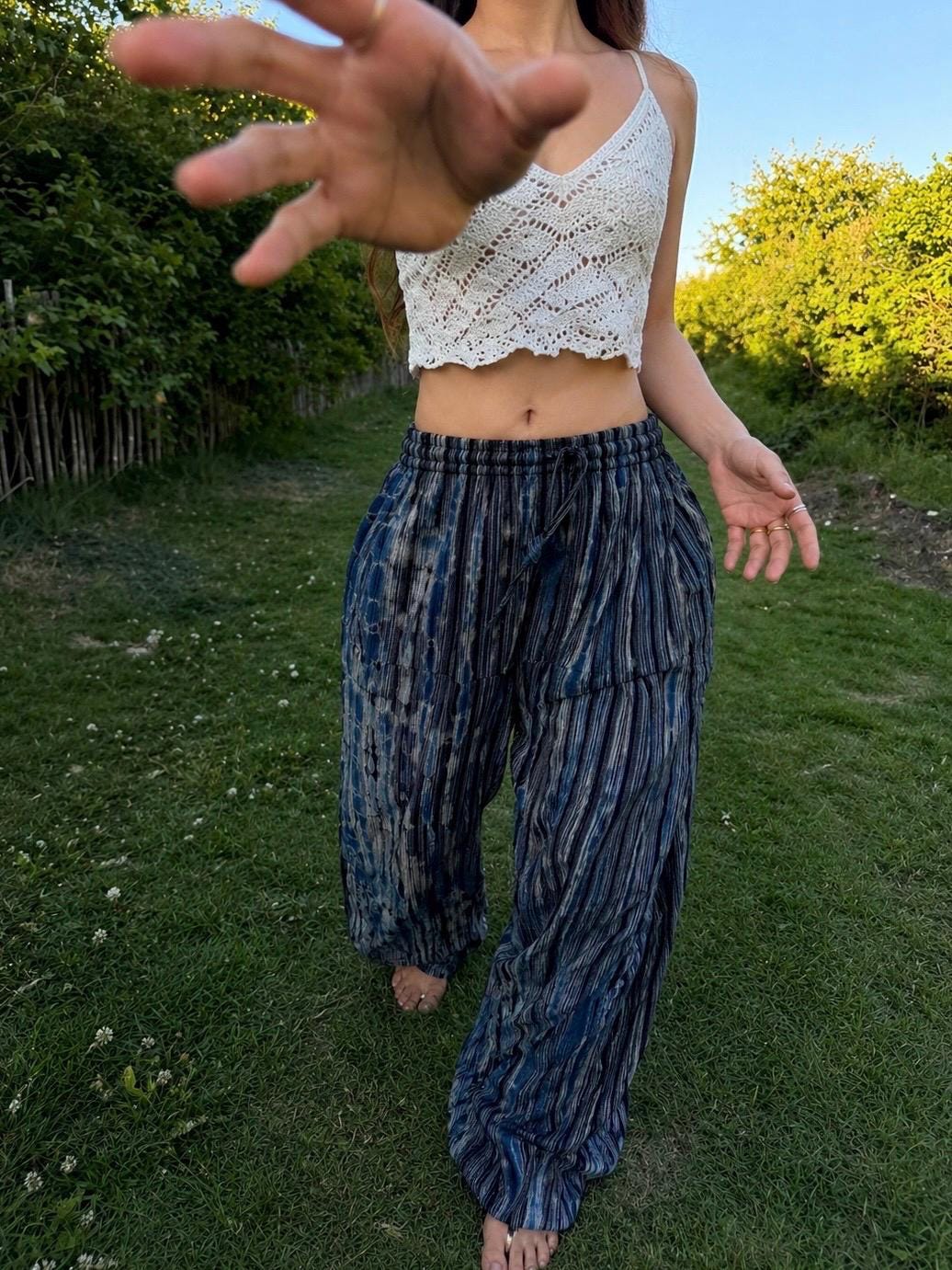 Boho Wide Leg Pants Women: Handmade Flowy Tie Dye Palazzo Trousers, Summer Beach Wear